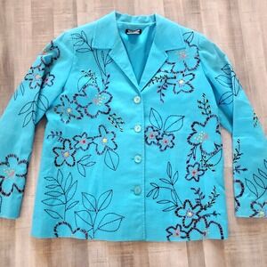 Mark Singer Softwear Blue Floral Embroidered beaded Lightweight Jacket SML